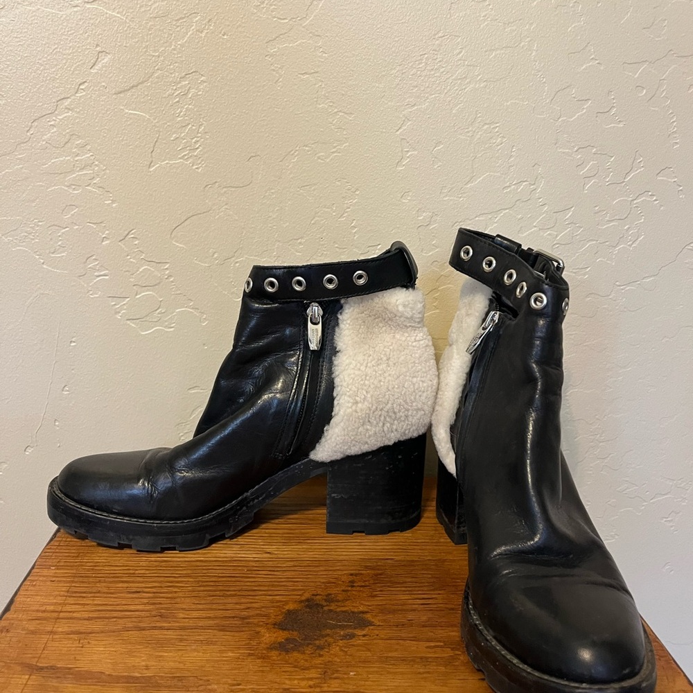 Women's Black Leather Ankle Boots with Shearling Lining